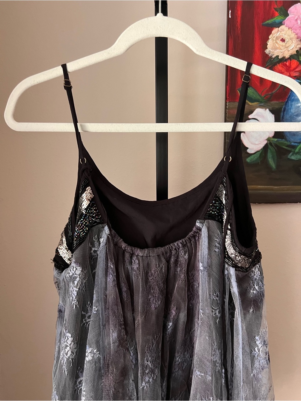 Ecoté urban outfitters Black Sequin Bodice Floral Mesh Slip Dress - Picture 6 of 8